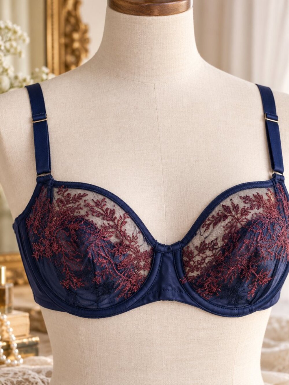 Natori Bra Womens 36D Navy Embroidered Lace Unlined Underwire Full Coverage New
